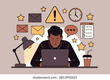 Stressed worker stares at laptop screen late at night surrounded by unfinished tasks and deadline alerts.