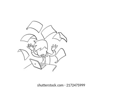 Stressed worker throwing paper everywhere. Concept of burnout. Cartoon vector illustration design