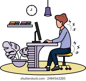 Stressed workers health problems in back hone concept, Office clerk character time management deadline labor vector design, frelancer life symbol, work from home sign, self serving behaviors