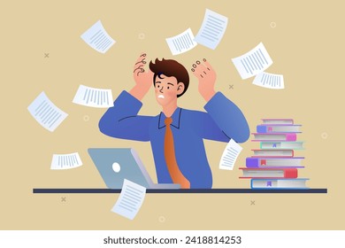 Stressed young business man with his laptop in his office. Table and work. Businessman with many papers. man manages a lot of documents and information on the computer. Vector illustration.