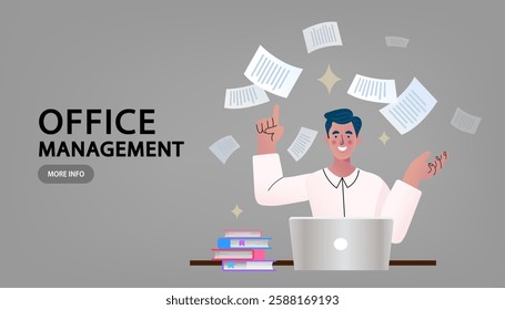 Stressed young business man with his laptop in his office. Table and work. Businessman with many papers. man manages a lot of documents and information on the computer. Vector illustration.