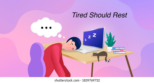 Stressed young business man sleeping on his laptop in his office. Table and work, sleepy and job, nap and lazy, asleep and worker. Vector illustration