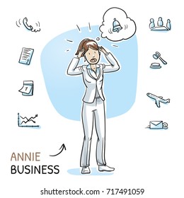 Stressed young business woman with alarm bell in a thought bubble as if she forgot something to do or is late. Hand drawn cartoon sketch vector illustration, whiteboard marker style coloring.
