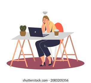 Stressed young female worker workaholic pensive thinking on problem solution on workplace looking angry at laptop monitor. Stress at work concept. Cartoon flat vector illustration