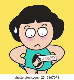 Stressed Young Lady's Belly Is Not Ready To Eat Concept Cartoon Character illustration