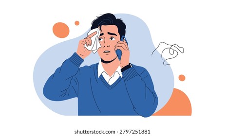 Stressed young man in blue sweater talking on a smartphone while sweating and wiping his forehead with a white tissue.