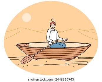 Stressed young man in boat rowing in desert. Unhappy distressed guy sit in ship in arid wasteland locked in fantasy. Vector illustration.