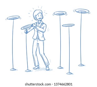 Stressed Young Man In Business Suit Juggling Five Plates On Sticks. Concept For Too Much Work Or Tasks To Do Simultaneously. Hand Drawn Line Art Cartoon Vector Illustration.