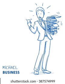 Stressed young man in business suit carrying a pile of documents while his phone rings. Hand drawn line art cartoon vector illustration.