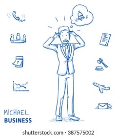 Stressed young man in business suit in panic with alarm bell in a thought bubble as if he forgot something to do or is late. Hand drawn line art cartoon vector illustration.