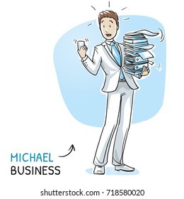 Stressed young man in business suit carrying a pile of documents while his phone rings. Hand drawn cartoon sketch vector illustration, whiteboard marker style coloring. 