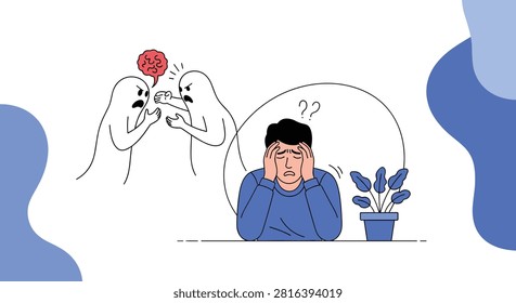 Stressed young man covering his head while experiencing distressing internal thoughts of two arguing ghost figures.