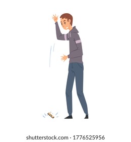 Stressed Young Man Dropping His Smartphone Cartoon Style Vector Illustration on White Background