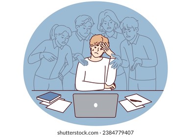 Stressed young man feel pressure by society opinion working on computer. Distressed male employee frustrated with annoying imaginary colleagues. Vector illustration.