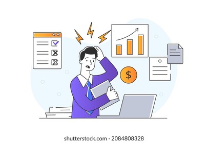 Stressed young man. Metaphor of employee who doesnt make it to deadline. Worker very busy with work. Poorly structured schedule. Investor, businessman, entrepreneur. Cartoon flat vector illustration