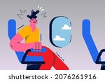 Stressed young man sit in plane chair have panic attack feel afraid of flying. Worried unhappy guy scared of airplane flight. Aerophobia concept. Mental health problem. Vector illustration. 