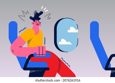 Stressed young man sit in plane chair have panic attack feel afraid of flying. Worried unhappy guy scared of airplane flight. Aerophobia concept. Mental health problem. Vector illustration. 