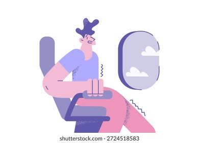 El hombre joven estresado se sienta en la silla del avión tiene ataque de pánico y siente miedo de volar. Preocupado chico infeliz asustado de vuelo de avión. Concepto de aerofobia. Problemas de salud mental. Ilustración vectorial.