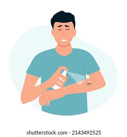 Stressed young man spraying insect repellent on his hand. Application of mosquito spray. Vector illustration