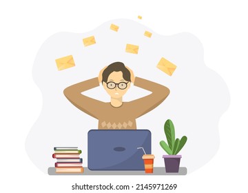 Stressed young man at workplace depressed with a lot of work holding her head, getting a lot of e-mail letters, freelance work concept, flat vector illustration