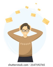 Stressed young man at workplace depressed with a lot of work holding her head, getting a lot of e-mail letters, freelance work concept, flat vector illustration