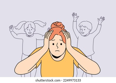 Stressed young mother annoyed with loud kids screaming. Unhappy distressed woman bothered with noisy children suffer from motherhood. Vector illustration. 