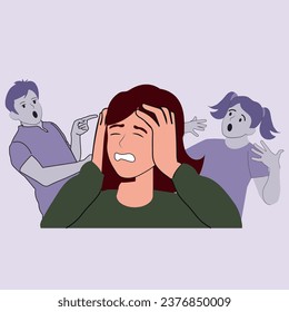 Stressed young mother annoyed with loud kids screaming. Unhappy distressed woman bothered with noisy children suffer from motherhood. Vector illustration.