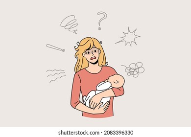 Stressed young mother hold baby in arms feel frustrated with postpartum depression. Anxious single mom feel depressed suffer from psychological mental problems after pregnancy. Vector illustration.