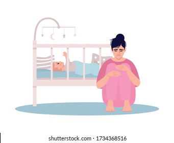 Stressed young mother semi flat RGB color vector illustration. Crying woman with newborn baby isolated cartoon character on white background. Postnatal depression, postpartum mood disorder