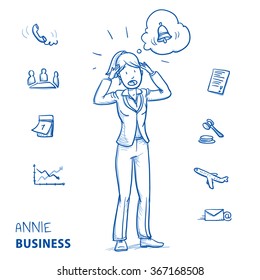 stressed young woman in business clothes in panic with alarm bell in a thought bubble as if she forgot something to do or is late. Hand drawn line art cartoon vector illustration.