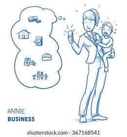 Stressed young woman in business clothes carrying a crying toddler while her phone rings. Hand drawn line art cartoon vector illustration.