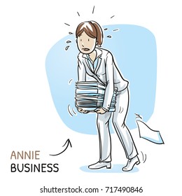 Stressed young woman in business clothes carrying a heavy pile of documents looking exhausted. Hand drawn cartoon sketch vector illustration, whiteboard marker style coloring.