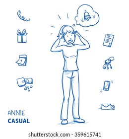 stressed young woman in casual clothes in panic with alarm bell in a thought bubble as if she forgot something to do (e.g. keys, money, birthday, ..) Hand drawn line art cartoon vector illustration.