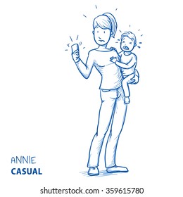 Stressed young woman in casual clothes carrying a crying toddler while her phone rings. Hand drawn line art cartoon vector illustration.