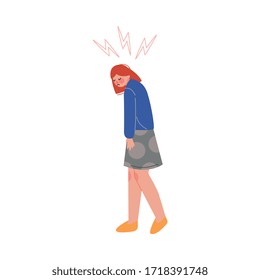Stressed Young Woman in Casual Clothing with Lightning over Her Head Vector Illustration