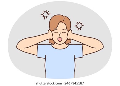 Stressed young woman cover ears suffer from excessive noise. Unhappy girl struggle with loud noisy neighbors or surroundings. Vector illustration.