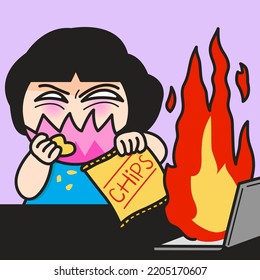 Stressed Young Woman Craving Snacks While Desktop Or Laptop Fire From Burning Down Her Work Concept Card Character illustration