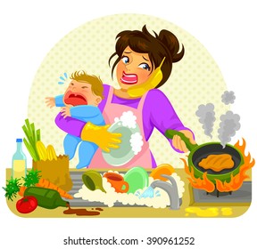 Stressed Young Woman Doing Many Tasks While Holding A Crying Baby