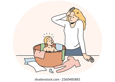 Stressed young woman feel tired with motherhood and small kid. Unhappy frustrated mother exhausted with toddler and parenthood. Vector illustration.