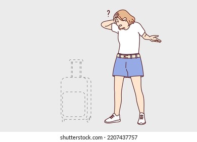 Stressed young woman frustrated with baggage loss in airport. Unhappy distressed female confused with lost suitcase. Vector illustration. 