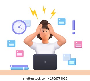 Stressed young woman Jane failed to meet deadline. Deadline pressure, stressful job.3d vector people character illustration.