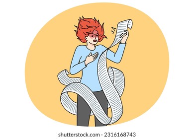 Stressed young woman with long list annoyed with plans and problems. Unhappy girl frustrated with tasks and liabilities. Multitasking and overload concept. Vector illustration.