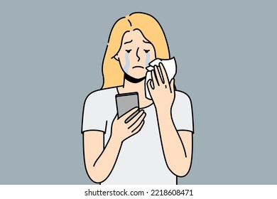 Stressed young woman look at cellphone screen crying. Unhappy girl suffer from bad message or breakup notice on smartphone. Vector illustration. 