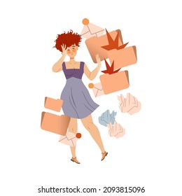 Stressed young woman overloaded by information. Job burnout, ineffective multitasking vector illustration