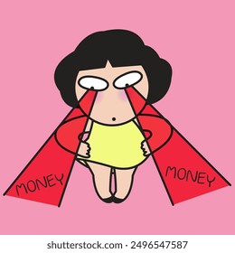 Stressed Young Woman Seriously Looking For Money Concept Card Character illustration