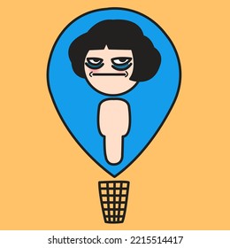 Stressed Young Woman Sign On Top Of Big Location Symbol Icon Pin Address Locator Marker Place Position Point Element Above A Rubbish Bin Concept Card Character illustration