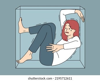 Stressed young woman sit in box scared of closed space. Unhappy distressed female have panic attack locked in glass box. Vector illustration. Mental health problems. 