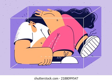 Stressed young woman sit on cube suffer from panic attack. Girl in locked cube unable to escape or quit. Vector illustration. 