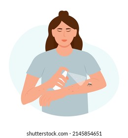 Stressed young woman spraying insect repellent on his hand. Application of mosquito spray. Vector illustration