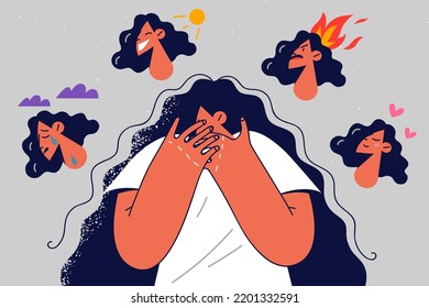 Stressed young woman suffer from mood swings having bipolar disorder. Unhappy girl struggle with mental psychological problems. Vector illustration. 